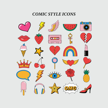 Set of retro comic style pop art icons, colorful vector patches and stickers