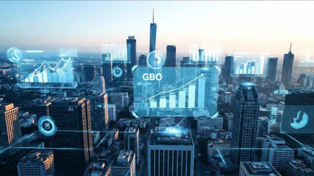 Data visualization overlay on modern city buildings with digital interface