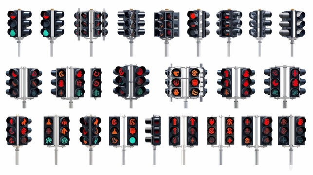 A collection of various traffic lights showing different signal states and perspectives on a white background, highlighting road safety and control.