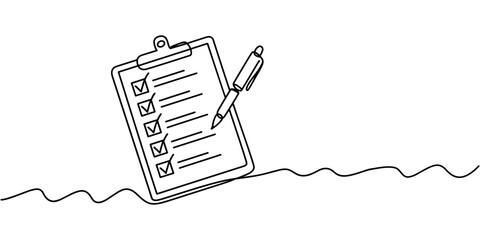 Continuous one line drawing of clipboard and pen design. clipboard with Good Marks with pass direction with tick mark. correction of error.. On white background. © Creative Tania