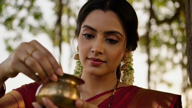 Woman performing Vat Savitri Vrat ritual tying sacred thread on large banyan tree during festival