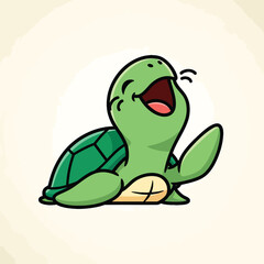 A cartoon-style turtle with a wide open mouth and joyful expression. It's green and features a distinctive shell pattern, set against a lightly textured backdrop