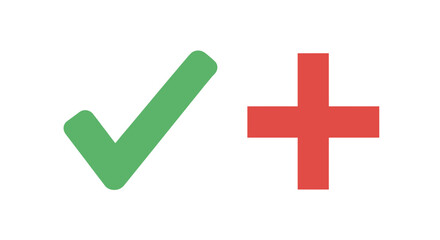 Obraz premium Green check mark and red plus sign symbols on white background