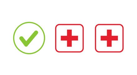 Obraz premium Green check mark and red plus signs on white background for symbols