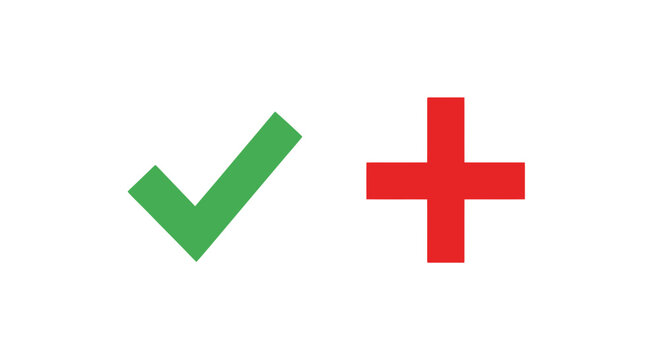 Green check mark and red plus sign isolated on white background