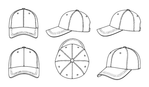 Minimal baseball cap technical outline vector set with front side top and perspective views apparel template isolated on white