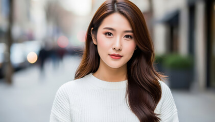 Fototapeta premium Elegant Lady Stroll: Captivating portrait of a woman amidst the city, capturing her poise and serenity. She is a picture of sophistication and grace.