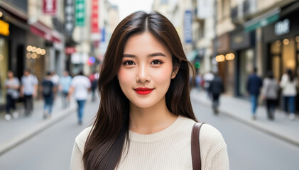 Urban Beauty: A young woman, radiating confidence and grace, stands on a bustling city street, her captivating gaze draws viewers into the vibrant scene.