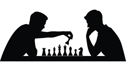 Chess game silhouette illustration, two men sitting across a table playing chess, strategy and thinking concept, competitive board game scene, clean black vector design isolated. © wow