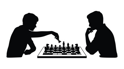 Black silhouettes of two young men sitting and playing a strategic game of chess on a board, intellectual competition concept, focused players facing each other, minimal vector illustration. © wow