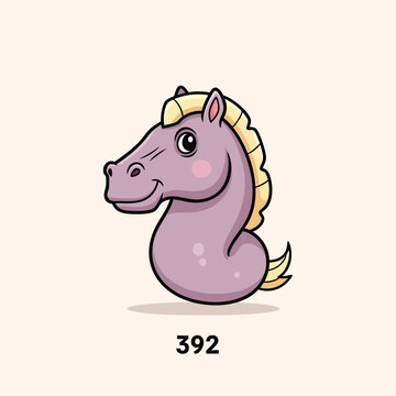 A cartoon image of a horse head, in shades of purple and yellow, with a black outline and a smiling expression. Below the horse, the number 392