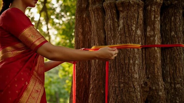 Woman Performing Vat Savitri Vrat Ritual Under Tree During Traditional Festival Ceremony