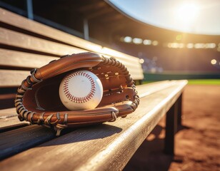 A classic baseball glove and ball resting on a dugout bench, illuminated by the golden hour light of a stadium