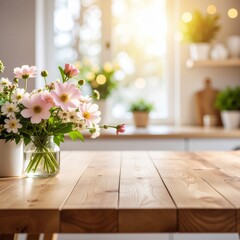 Soft floral arrangement on a rustic wooden table in a sunlit kitchen