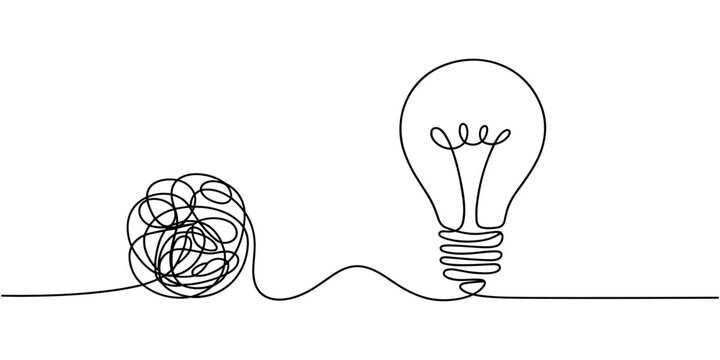 unraveling to glowing light bulb animation continuous one line drawing, Animated One continuous line drawing of tangled and scribble wires with light bulbs. Concept of complex problem solving process