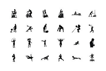 Fototapeta premium Commercial gym machine workout silhouettes illustrating isolated exercises on cable crossovers leg presses and cardio equipment
