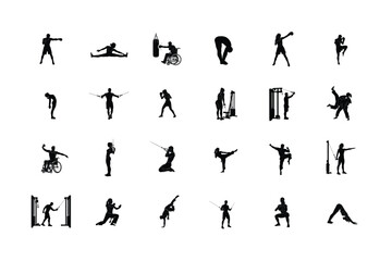 Fototapeta premium Elegant gymnastics and martial arts silhouettes illustrating rhythmic ribbon dancing floor routines pommel horse and dynamic high kicks
