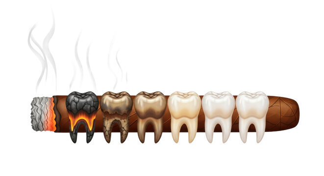 Premium brown cigar with glowing ember and ash, a linear sequence of human molars from charred decay to healthy, on a white background, warm lighting, dental health warning concept