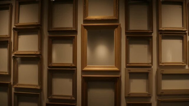 A wall covered with many empty picture frames of varying sizes and styles