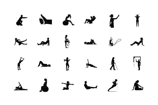 Functional balance and combat fitness silhouettes showing TRX suspension training martial arts weapons practice and bosu ball exercises