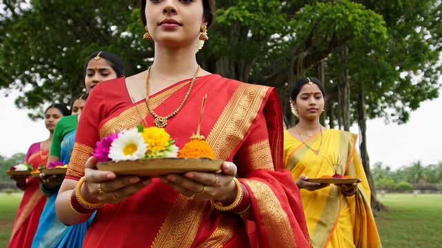 Women Performing Vat Savitri Vrat Ritual with Traditional Attire and Offerings in a Natural Outdoor Setting