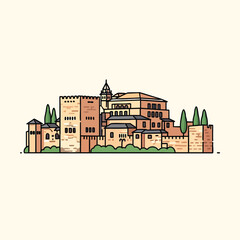 Obraz premium A colorful, minimalist illustration of a historic, stone fortress with towers, arches, and trees against a neutral background. A whimsical depiction