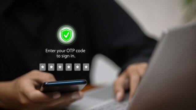 Person using phone to verify two-factor authentication while working on laptop