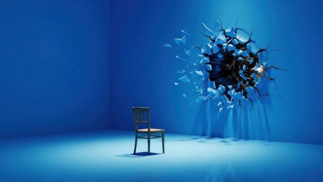A single wooden chair sits in a dimly lit blue room with a large, destroyed-looking hole in the wall
