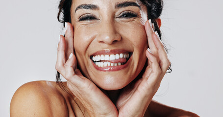Beauty, portrait and tongue out with woman in studio for antiaging cosmetics or dermatology...