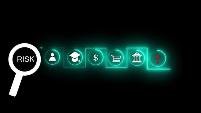 Financial analysts assess business risks using symbolic blocks and magnifying glass tools, representing credit risk, insurance planning, consumer protection, and structured financial management.