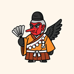 Obraz premium A cartoon figure with a red face and long nose, wearing an orange kimono, holding a fan, with a black wing