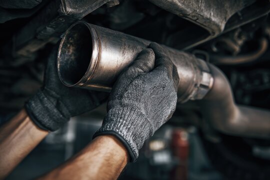 A mechanic works on a car exhaust system, showcasing hands in gloves as they handle metal components beneath a vehicle.