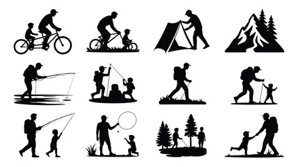 Fototapeta premium Outdoor activities icons set including family camping hiking fishing cycling and playing