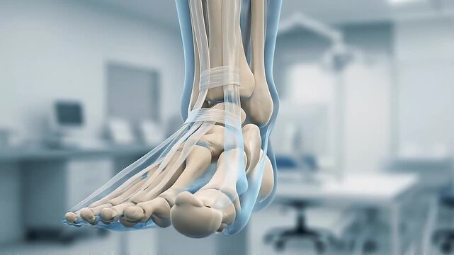 Medical foot anatomy model illustration showing bone structure ligament tendon and muscle layer ankle joint with skeleton structure detail hospital clinic surgery room background for orthopedic