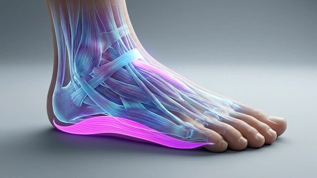 Medical foot anatomy illustration tendon ligament muscle structure glowing blue fiber detail pink support healthcare education injury treatment insight skeletal joint bone ankle realistic human 3d