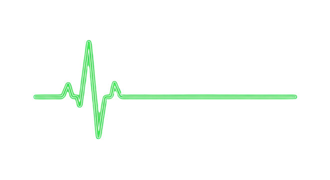 a glowing neon green EKG line displays a single cardiac cycle ending in a straight flatline on a stark white minimalist background, medical emergency concept