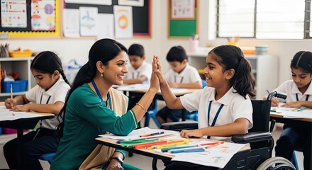 Fototapeta premium A smiling female teacher enthusiastically gives a high five to a young girl in a classroom. Several other students are seated at desks, working on art projects.