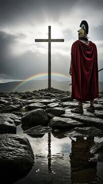 Roman Centurion Witnessing Redemption at the Cross with Rainbow in Rocky Terrain