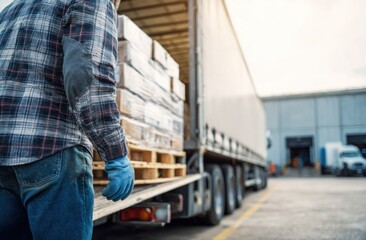 Fototapeta premium A worker unloads wooden pallets from a truck in a warehouse, wearing gloves and a plaid shirt, focused on efficiently handling the cargo.