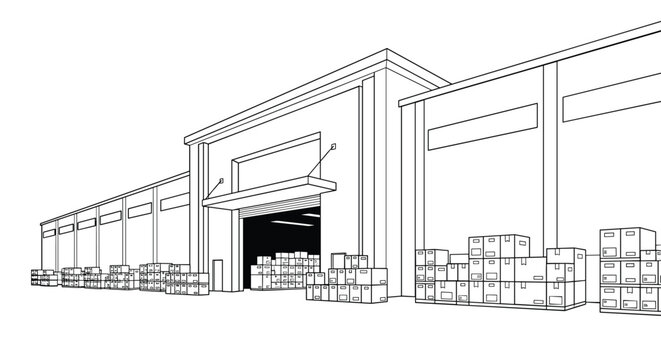 Large industrial warehouse building perspective drawing showing many stacked boxes and a wide open entrance.