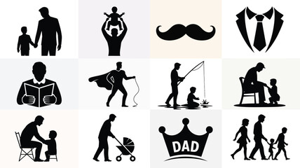 Obraz premium Black silhouettes of fatherhood moments and symbols on white background for father's day