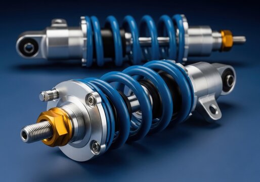 Close-up view of blue and silver car suspension springs and shock absorbers isolated on white background