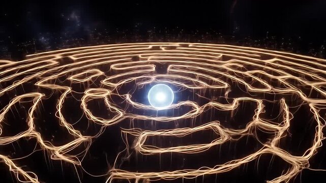 Luminous maze of golden lines on black, with a bright orb at the center