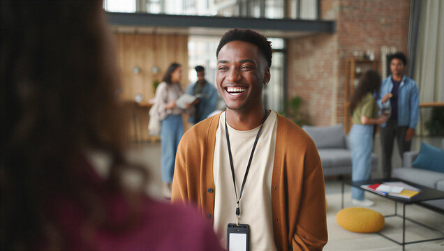 Welcoming startup employee sharing a funny workplace anecdote with a newly hired teammate during casual office orientation