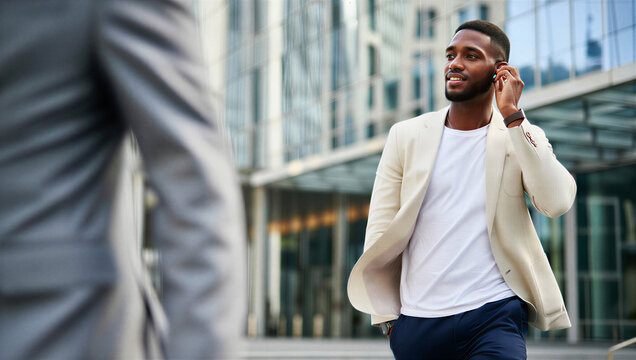 Independent contractor enjoying a positive audio update from a client while confidently navigating past traditional corporate employees.