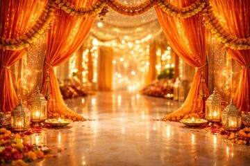 Fototapeta premium luxurious indian wedding hall decorated with vibrant orange drapes, hanging marigolds, and glowing lanterns