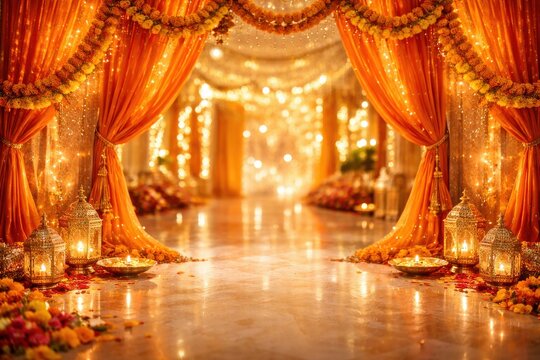 luxurious indian wedding hall decorated with vibrant orange drapes, hanging marigolds, and glowing lanterns