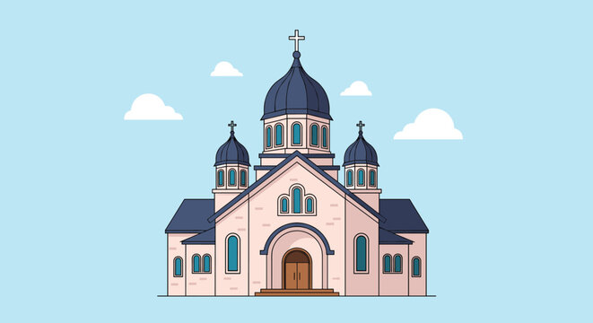 Classic church building with domes and a cross on top shown under a clear blue sky with small clouds in a clean vector illustration.