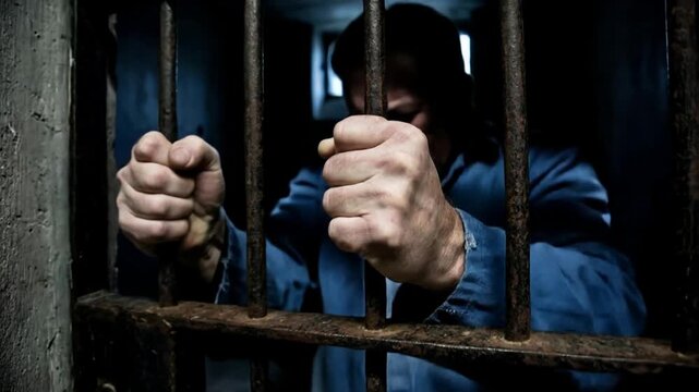 Angry unrecognizable prisoner shaking jail bars in frustration with his face covered in darkness inside prison cell - Concept of imprisonment