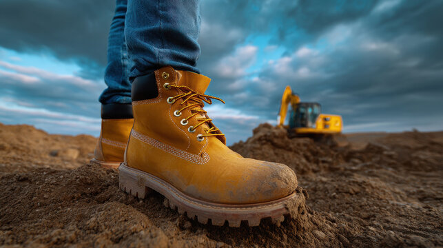 Work boot on muddy ground with construction machinery in background under cloudy sky, showing rugged outdoor work environment